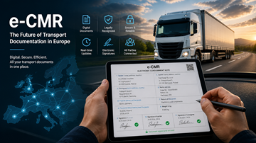 Förare som använder surfplatta med digitalt CMR-dokument medan lastbilstransport pågår i Europa, vilket representerar modern digitalisering inom logistik